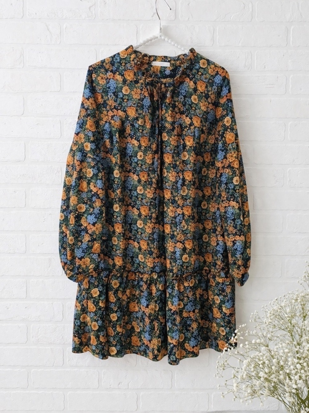 Kirundo Floral Print Long Sleeve Tie Neck Boho Dress Size M